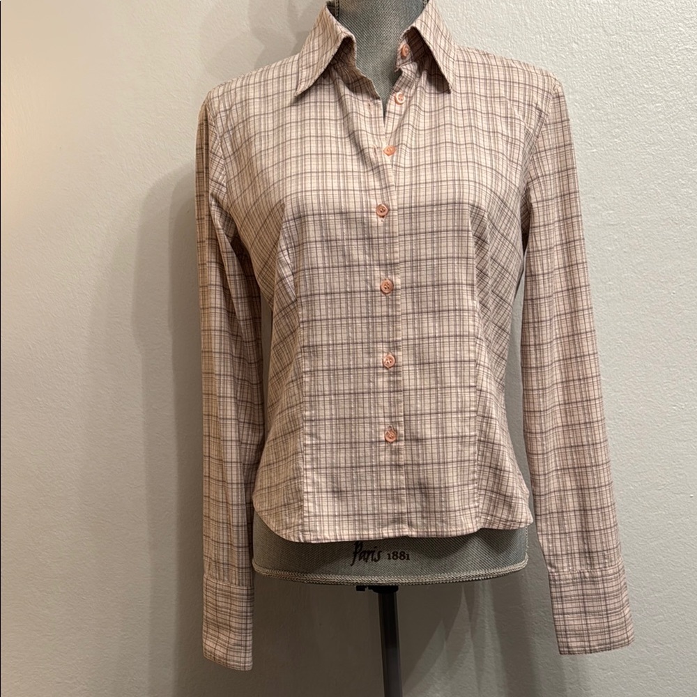 Benetton Plaid Stretch Cotton Button-Up Top Shirt in Dusty Pink w/Metallic SizeM